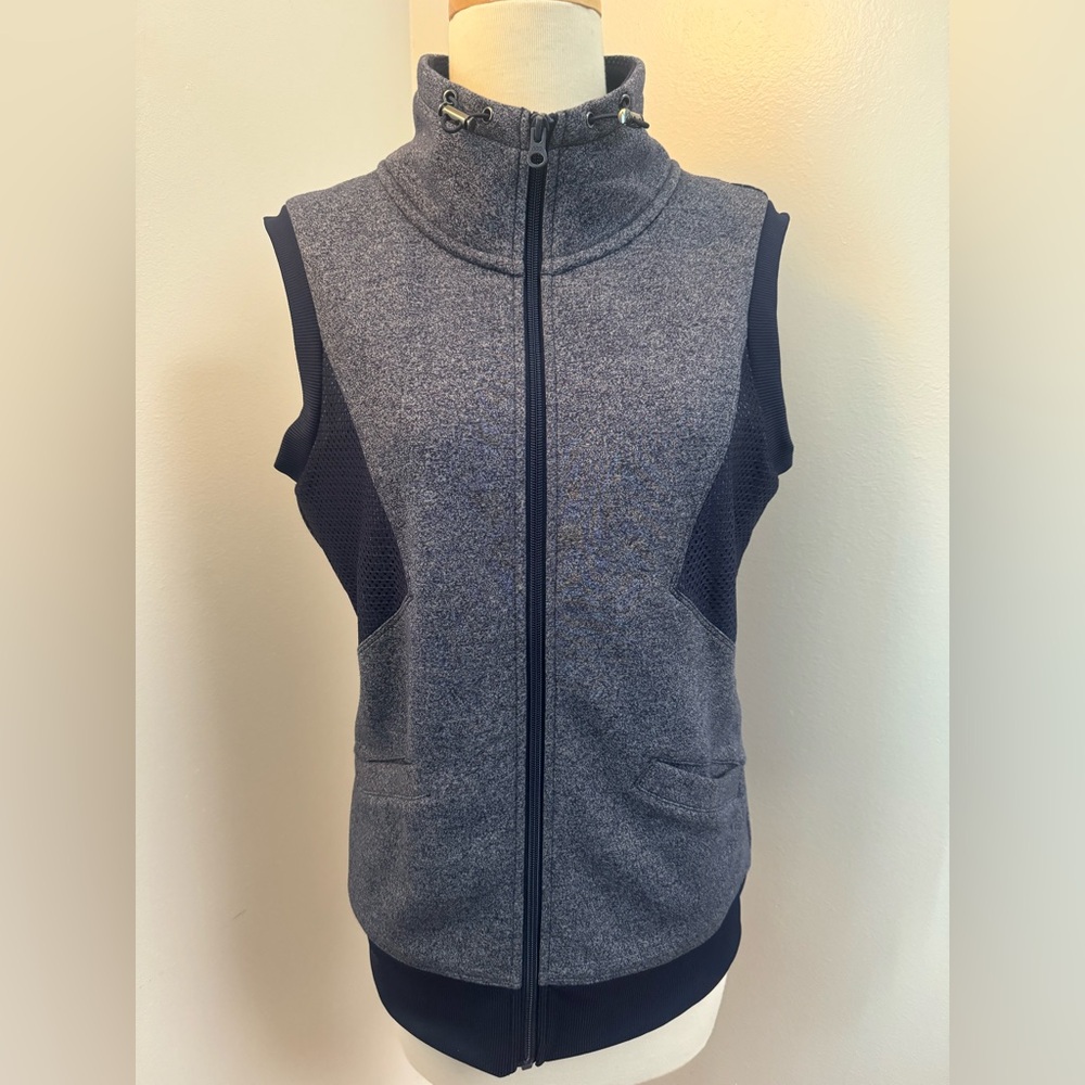 lorna jane vest navy mesh panel top cozy warm pockets logo cinch Sz